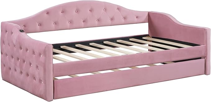 Twin Size Velvet Tufted Upholstered Daybed with Trundle, Modern Solid Wood Sofa Bed w/USB & Type-C Charging Ports, for Bedroom Living Room, No Box-spring Needed, Pink - LeafyLoom