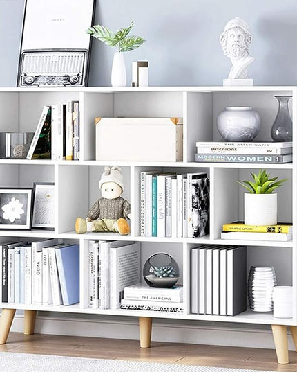 IOTXY Wooden Open Shelf Bookcase - 3-Tier Floor Standing Display Cabinet Rack with Legs, 10 Cubes Bookshelf, Warm White - LeafyLoom