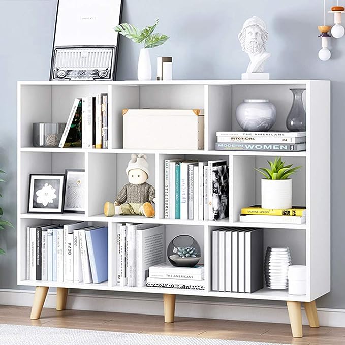 IOTXY Wooden Open Shelf Bookcase - 3-Tier Floor Standing Display Cabinet Rack with Legs, 10 Cubes Bookshelf, Warm White - LeafyLoom