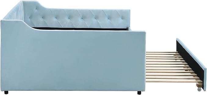 Full Size Velvet Upholstered Tufted Daybed with Twin-Size Trundle,Modern Wood Bed Frame w/Armrests,Slat Support,No Box Spring Needed,Daybeds for Apartment,Bedroom,Guest Room,Blue - LeafyLoom