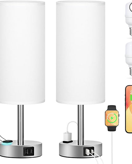 White Touch Nightstand Lamps Set - 3 Way Dimmable Bedside Table Lamps for Bedroom with USB C and A Ports, Small Lamps with AC Outlet for Girls Dorm Nursery, Silver Base - LeafyLoom