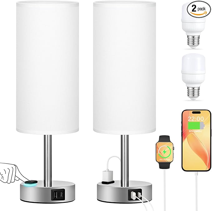 White Touch Nightstand Lamps Set - 3 Way Dimmable Bedside Table Lamps for Bedroom with USB C and A Ports, Small Lamps with AC Outlet for Girls Dorm Nursery, Silver Base - LeafyLoom