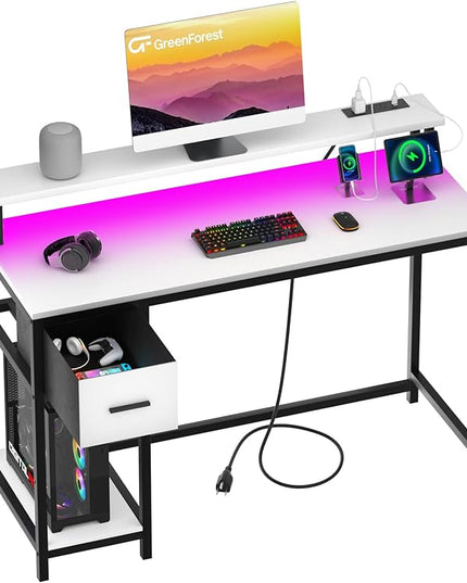 GreenForest Computer Desk with Drawers 39 inch,Gaming Desk with LED Lights & Power Outlets Small Desk with Monitor Stand and Reversible Shelf,White - LeafyLoom