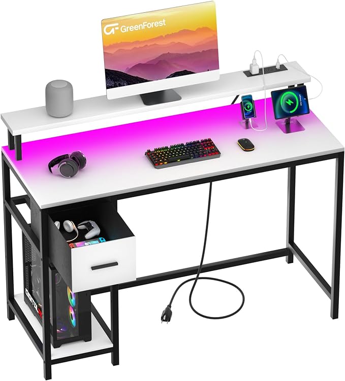 GreenForest Computer Desk with Drawers 39 inch,Gaming Desk with LED Lights & Power Outlets Small Desk with Monitor Stand and Reversible Shelf,White - LeafyLoom