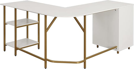Techni Mobili L Shaped Desk - Two-Toned Computer Desk with Drawers & Storage Shelves - Simple Modern Furniture & Home Office Space Corner Table for Work & Writing - LeafyLoom