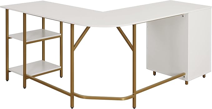 Techni Mobili L Shaped Desk - Two-Toned Computer Desk with Drawers & Storage Shelves - Simple Modern Furniture & Home Office Space Corner Table for Work & Writing - LeafyLoom