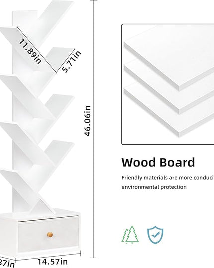 8 Tier Tree Bookshelf with Drawer, Free Standing Wood Bookcase for Living Room, Bedroom, Home Office, Space Saving Storage Organizer Bookshelves for Books, CDs, Vinyl Records- White - LeafyLoom