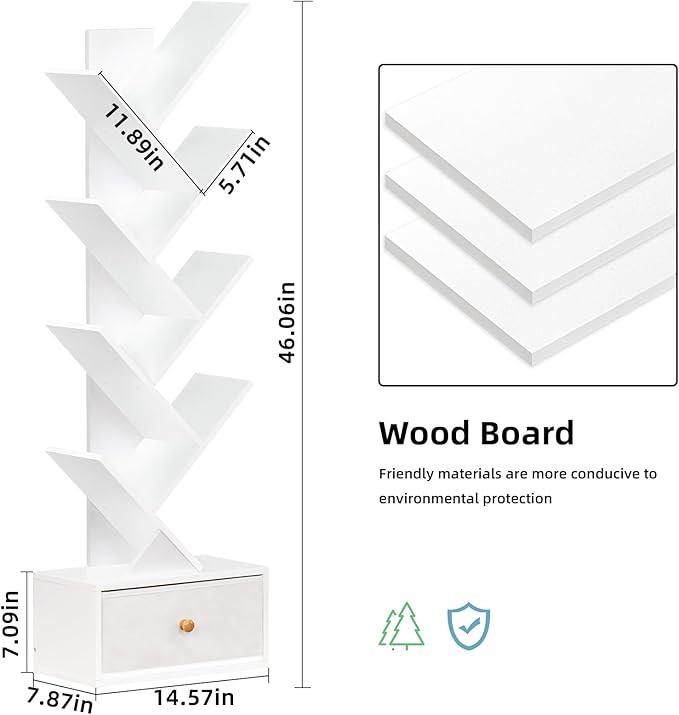8 Tier Tree Bookshelf with Drawer, Free Standing Wood Bookcase for Living Room, Bedroom, Home Office, Space Saving Storage Organizer Bookshelves for Books, CDs, Vinyl Records- White - LeafyLoom