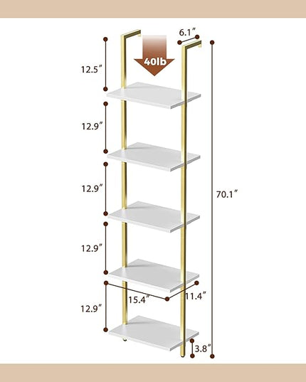 SUPERJARE 5-Tier Bookshelf, Narrow Book Shelf Set of 2, Open Wall-Mounted Ladder Shelf with Metal Frame, Display Bookcase for Home Office, Bedroom, White & Gold - LeafyLoom