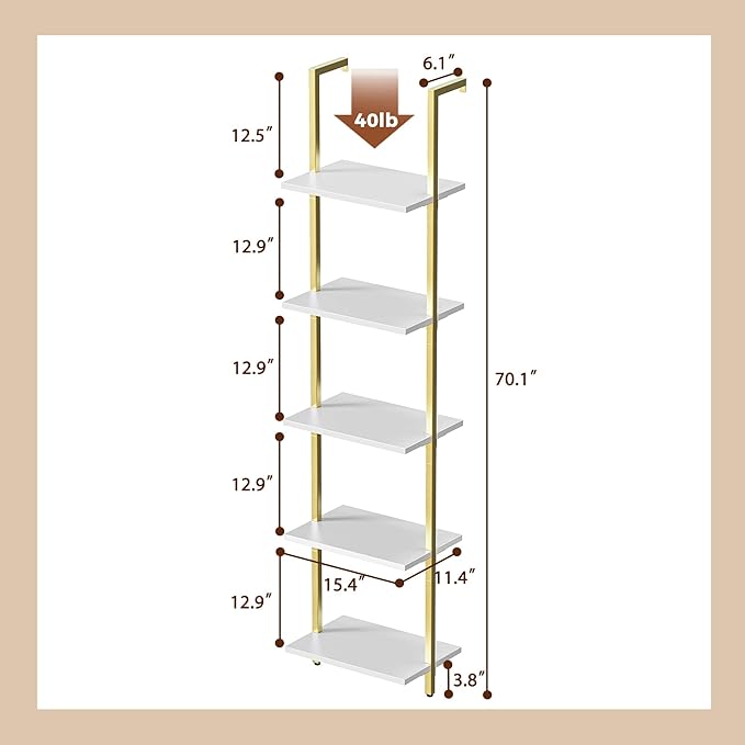 SUPERJARE 5-Tier Bookshelf, Narrow Book Shelf Set of 2, Open Wall-Mounted Ladder Shelf with Metal Frame, Display Bookcase for Home Office, Bedroom, White & Gold - LeafyLoom