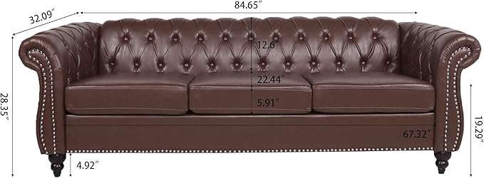 3-Seaters Living Room Clasic Chesterfield Sofa Couch Button Tufted PU Leather Upholstered Sofa&Couch with Luxury Roller Armrest Soild Wood Legs Movable Cushions & Nailhead Decor - LeafyLoom
