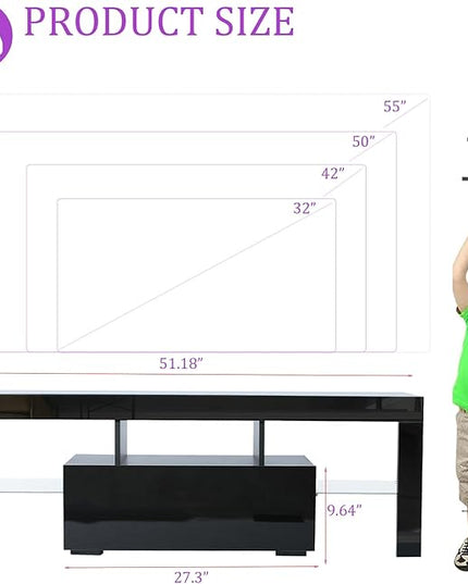 HOUAGI LED TV Stand for Televisions up to 55 Inchs,Modern Entertainment Center with Storage Drawer and Glass shelf, TV Console Table for Living room,Bedroom,Black - LeafyLoom