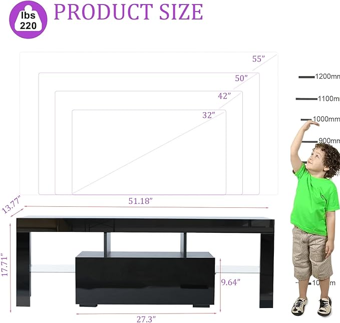 HOUAGI LED TV Stand for Televisions up to 55 Inchs,Modern Entertainment Center with Storage Drawer and Glass shelf, TV Console Table for Living room,Bedroom,Black - LeafyLoom