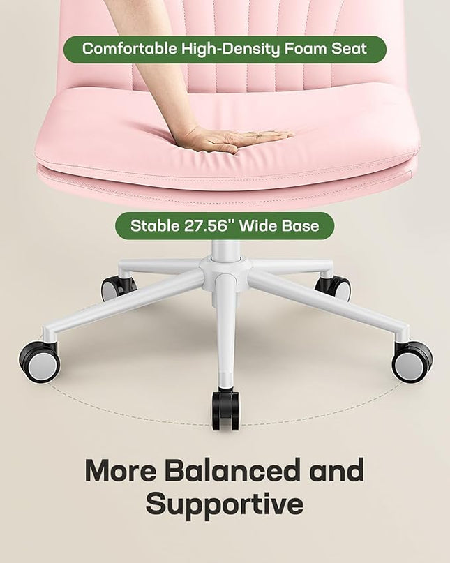 Marsail Armless-Office Desk Chair with Wheels: PU Leather Cross Legged Wide Chair,Comfortable Adjustable Swivel Computer Task Chairs for Home,Office,Make Up,Small Space,Bed Room, Pink - LeafyLoom