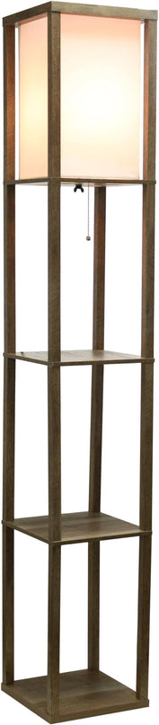 Simple Designs LF1038-WOD 62.5" Modern 3 Tier Standing Floor Lamp Etagere Organizer Storage Shelf with Linen Shade for Home Décor, Living Room, Bedroom, Office, Light Burnt Oak - LeafyLoom
