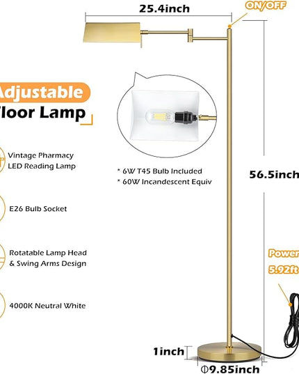 Mlambert Reading Floor Lamp,LED Pharmacy Lamp with Swing Arm,Swivel Head Adjustable Standing Lamp,E26 Base,Corner Lamp for Livingroom,Sewing(Brass) - LeafyLoom