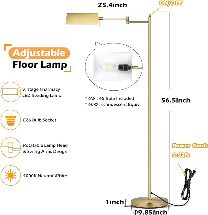 Mlambert Reading Floor Lamp,LED Pharmacy Lamp with Swing Arm,Swivel Head Adjustable Standing Lamp,E26 Base,Corner Lamp for Livingroom,Sewing(Brass) - LeafyLoom