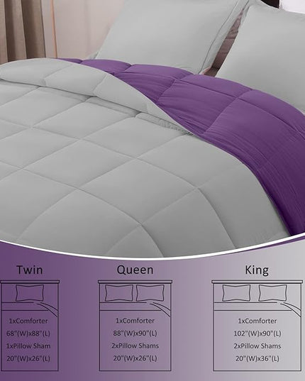 Basic Beyond King Size Comforter Set - Fluffy King Bed Comforter Set for All Seasons - Reversible Purple King Size Comforter Set - 3 Pieces (1 Comforter + 2 Pillow Shams) - Purple/Grey - LeafyLoom