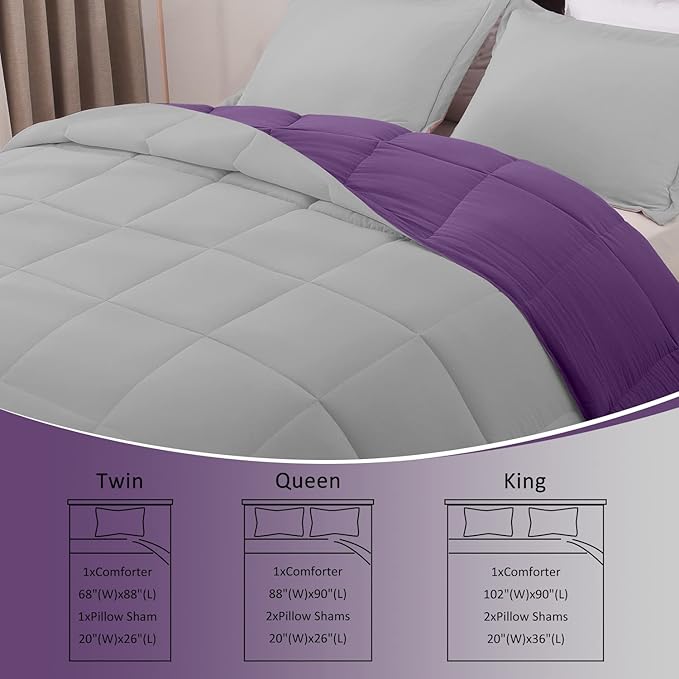 Basic Beyond King Size Comforter Set - Fluffy King Bed Comforter Set for All Seasons - Reversible Purple King Size Comforter Set - 3 Pieces (1 Comforter + 2 Pillow Shams) - Purple/Grey - LeafyLoom