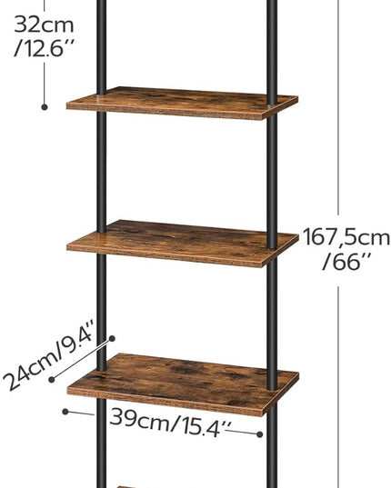 HOOBRO DIY Ladder Shelf, 5-Tier Wooden Wall Mounted Bookshelf, Narrow Bookcase, Display Shelf, Storage Rack, Plant Stand, for Living Room, Bedroom, Study, Balcony, Rustic Brown and Black BF531CJ01 - LeafyLoom