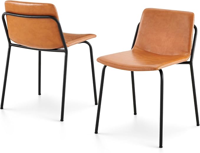 COLAMY Leather Dining Chairs Set of 2, Kitchen Dining Chairs with Back with Metal Legs for Kitchen Dining Living Room Restaurant Shop, Light Brown - LeafyLoom