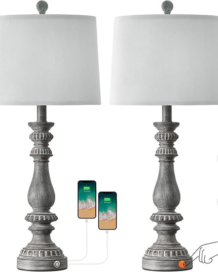 BOBOMOMO 27" Rustic 3-Way Dimmable Touch Table Lamps for Bedroom Farmhouse Lamp Set of 2 with 2 USB Charging Ports for Living Room Vintage Rustic Traditional Nightstand Lamp (2 Bulbs Included) - LeafyLoom