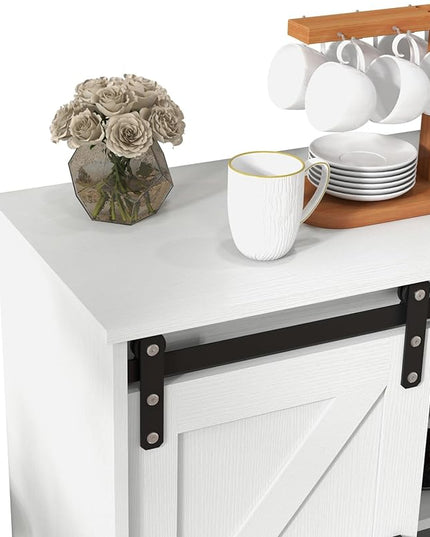 Panana Sliding Barn Door Buffet Sideboard Storage Cabinet Coffee Bar Kitchen Farmhouse Style (White Cabinet) - LeafyLoom