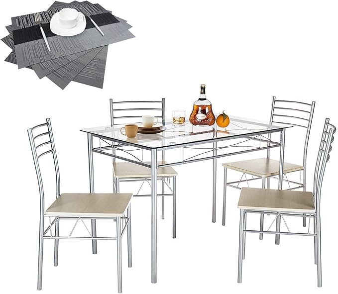 VECELO Kitchen Dining Table Sets for 4, 5 Piece Small Dinette with Chairs, Burnished Silver - LeafyLoom
