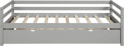 Twin Size Daybed with Hideaway Trundle,Multifunction Solid Wood Bed Frame,W/Wooden Slat Support and Guardrails,No Box Spring Needed,for Bedroom Children Room,Gray - LeafyLoom