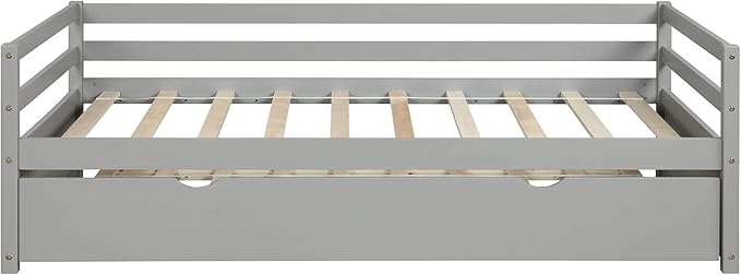 Twin Size Daybed with Hideaway Trundle,Multifunction Solid Wood Bed Frame,W/Wooden Slat Support and Guardrails,No Box Spring Needed,for Bedroom Children Room,Gray - LeafyLoom