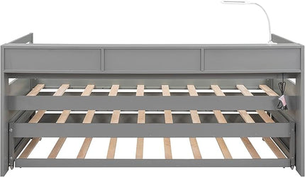 Twin XL Wood Daybed with 2 Trundles, 3 Storage Cubbies, 1 Light for Free and USB Charging Design, for Bedroom/Living Apartment/Guest-Room,Gray - LeafyLoom