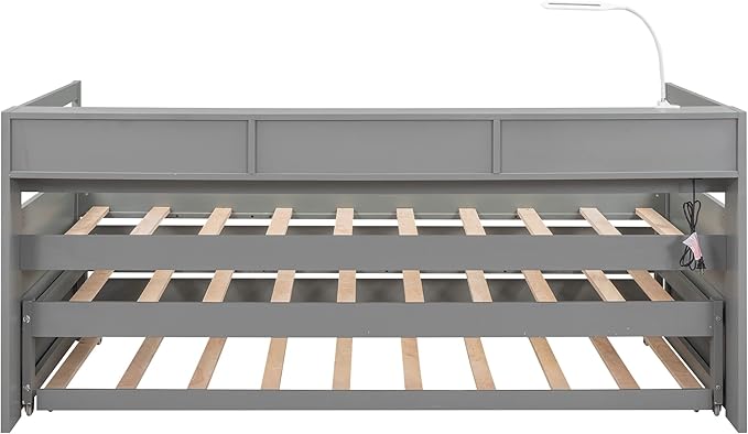Twin XL Wood Daybed with 2 Trundles, 3 Storage Cubbies, 1 Light for Free and USB Charging Design, for Bedroom/Living Apartment/Guest-Room,Gray - LeafyLoom