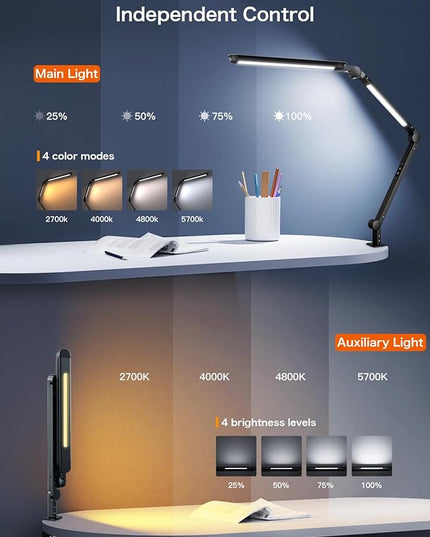Sky LED Desk Lamp with Remote Control - Three Light Sources・24W・Ajustable Atmosphere Lighting - Flexible Swing Arm, 4 Color Modes & 4 Brightness, Architect Desk Lamp with Clamp for Home Office - LeafyLoom