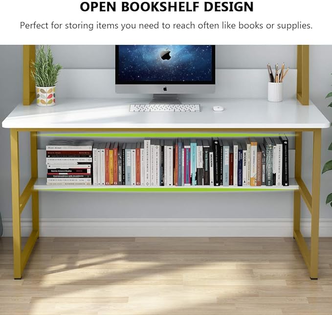 Tribesigns Computer Desk with Hutch, 47 inches Home Office Desk with Space Saving Design with Bookshelf for Small Spaces (White &gold, 47) - LeafyLoom