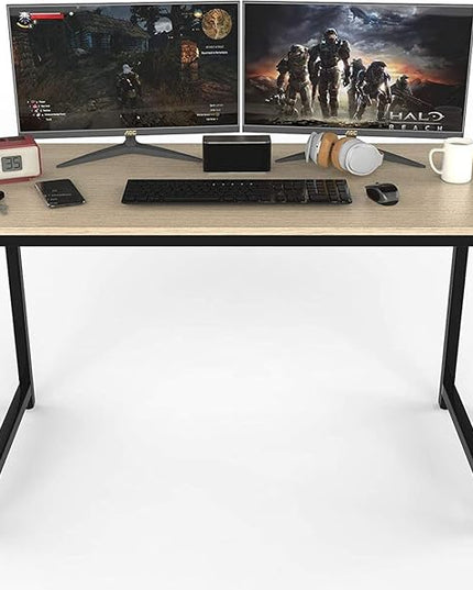 Halter Computer Desk for Home Office 47” Work Table Easy Assembly Walnut Desk Black Frame - LeafyLoom