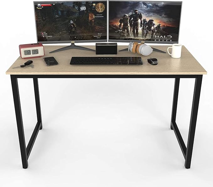 Halter Computer Desk for Home Office 47” Work Table Easy Assembly Walnut Desk Black Frame - LeafyLoom