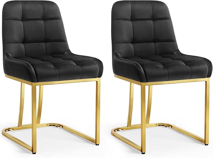 STARY Upholstered Velvet Armless Dining Room Chairs with Gold Metal Legs for Kitchen Restaurant, Black- Set of 2 - LeafyLoom