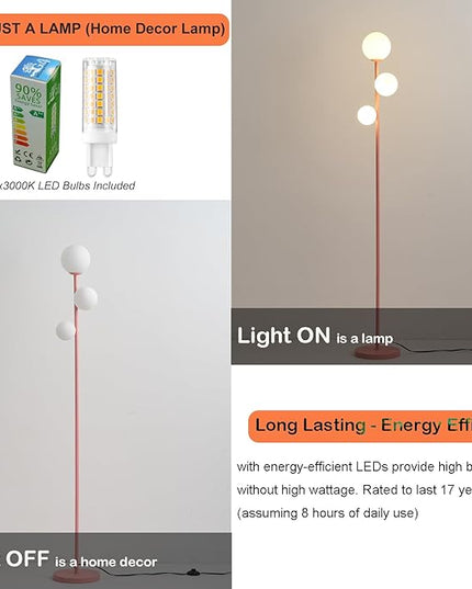 3 Globe Floor Lamp with Sphere Frosted Glass Shade and Warm Light LED Bulbs, Pink Modern Standing Lamp, Cute LED Tall Pole Lamp for Living Room, Bedroom, Girls Room - Elegant Pink - LeafyLoom