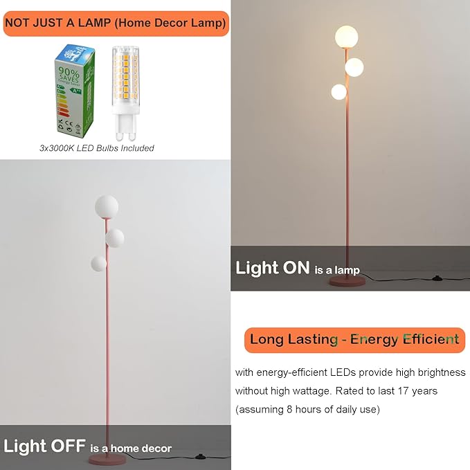 3 Globe Floor Lamp with Sphere Frosted Glass Shade and Warm Light LED Bulbs, Pink Modern Standing Lamp, Cute LED Tall Pole Lamp for Living Room, Bedroom, Girls Room - Elegant Pink - LeafyLoom