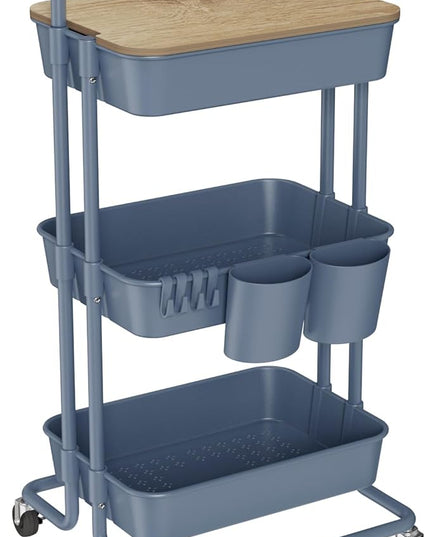 DTK 3 Tier Utility Cart with Cover Board, Rolling Cart with Lockable Wheels, Cups, Hooks for Home Office, Art Craft Storage, Home School Organization and More Uses(Blue) - LeafyLoom