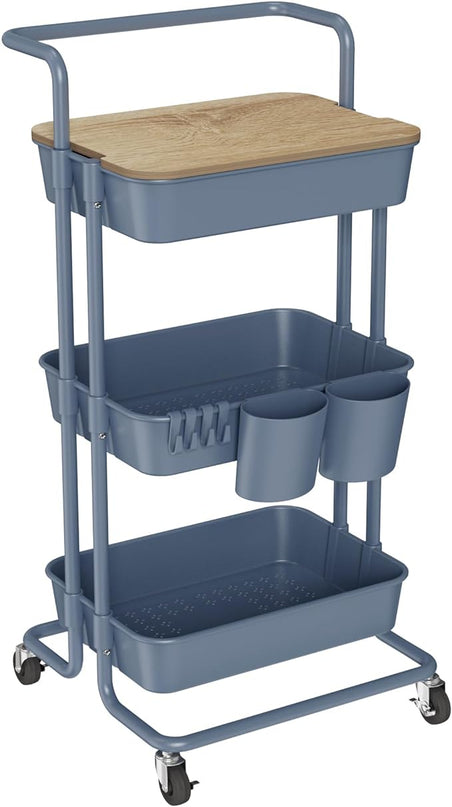 DTK 3 Tier Utility Cart with Cover Board, Rolling Cart with Lockable Wheels, Cups, Hooks for Home Office, Art Craft Storage, Home School Organization and More Uses(Blue) - LeafyLoom