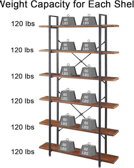 HSH Solid Wood Bookshelf, 6 Tier Tall Industrial Etagere Bookcase and Storage Shelves Heavy Duty, Rustic Large Open Vertical Metal Natural Real Wood Book Shelf for Bedroom Living Room Distressed Brown - LeafyLoom
