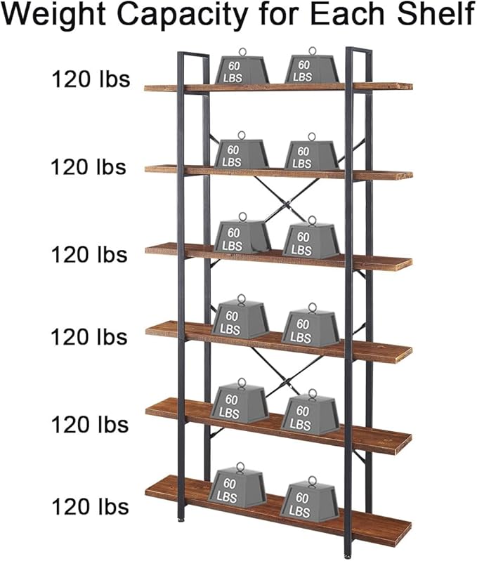 HSH Solid Wood Bookshelf, 6 Tier Tall Industrial Etagere Bookcase and Storage Shelves Heavy Duty, Rustic Large Open Vertical Metal Natural Real Wood Book Shelf for Bedroom Living Room Distressed Brown - LeafyLoom