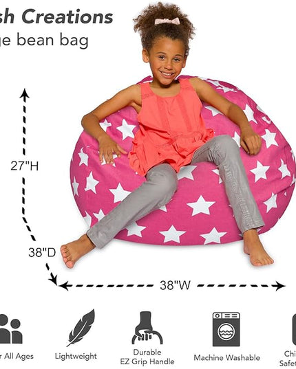 Posh Creations Bean Bag Chair for Kids, Teens, and Adults Includes Removable and Machine Washable Cover, 38in - Large, Canvas White Stars on Pink - LeafyLoom