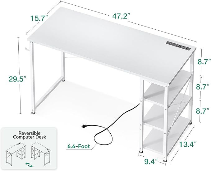 AODK Laptop Desk Office Desk, 48 Inch Computer Desk with Power Outlet and USB & Type-C Charging Port, Writing Desk with 3-Tier Reversible Storage Shelf for Home Office, 48'' x 16'', White - LeafyLoom