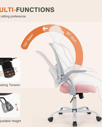 Sweetcrispy Office Computer Desk Chair, Ergonomic Mid-Back Mesh Rolling Work Swivel Task Chairs with Wheels, Comfortable Lumbar Support, Comfy Flip-up Arms for Home, Bedroom, Study, Student, Pink - LeafyLoom