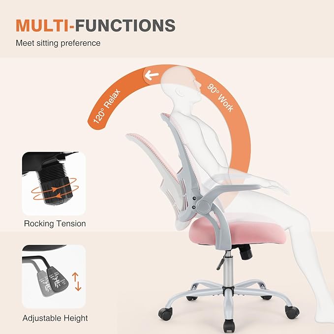 Sweetcrispy Office Computer Desk Chair, Ergonomic Mid-Back Mesh Rolling Work Swivel Task Chairs with Wheels, Comfortable Lumbar Support, Comfy Flip-up Arms for Home, Bedroom, Study, Student, Pink - LeafyLoom