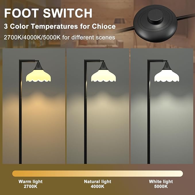 Floor Lamps for Living Room, Flower Standing Lamp with Foot Switch, 76inch Tall Pole floor lamp 3 Color Temperature Bulb, Rotatable Corner Lamp, Reading lamp for Bedroom Farmhouse Office Decor - LeafyLoom