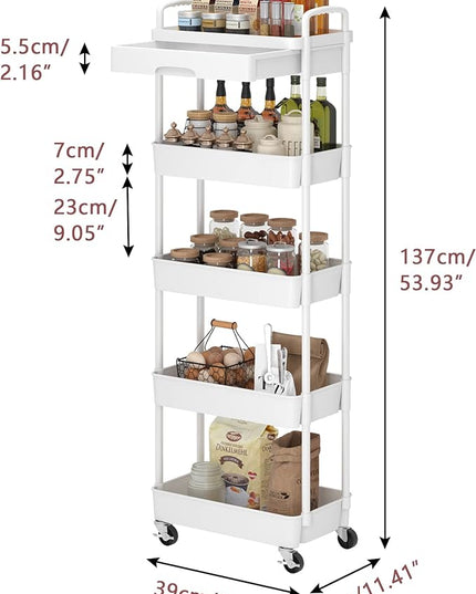 5-Tier Rolling Utility Cart，Trolley with Drawer, Multifunctional Storage Organizer with Plastic Shelf & Metal Wheels, Storage Cart for Living Room, Kitchen, Office, Bathroom, White - LeafyLoom