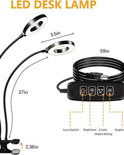 LED Desk Lamp with USB Adapter, Eye-Caring Gooseneck Ring Light, 3 Modes 10 Brightness Adjustable 10W Desk Light for Makeup Reading Bed Headboard (Metal) - LeafyLoom